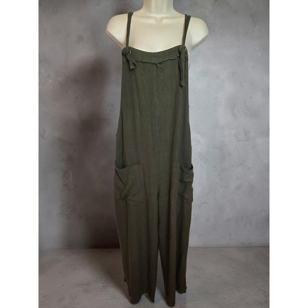 Natural Life Carly Jumpsuit Green Medium Frayed Wide Leg Hem Linen Blend